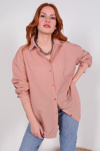 Cappmoda - GML-10220 Turuncu İnce Çizgili Zerda Kumaş Gömlek (1)