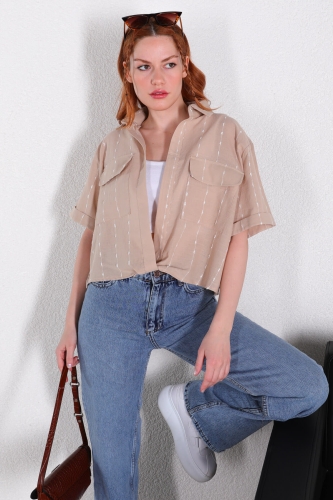 Cappmoda - GML-10221 Vizon Çizgili Kısa Kollu Bağlama Detaylı Crop Gömlek (1)