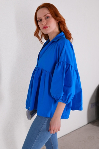 Cappmoda - GML-10222 Mavi Pileli Balon Kol Salaş Gömlek (1)