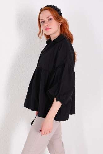 Cappmoda - GML-10222 Siyah Pileli Balon Kol Salaş Gömlek (1)
