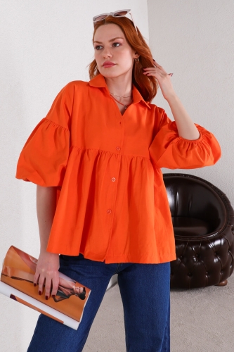 Cappmoda - GML-10222 Turuncu Pileli Balon Kol Salaş Gömlek (1)