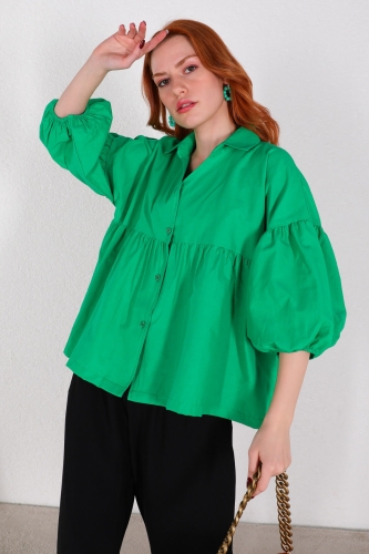 Cappmoda - GML-10222 Yeşil Pileli Balon Kol Salaş Gömlek (1)