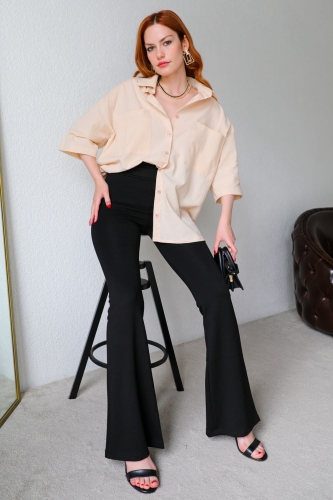 GML-10225 Krem Cepli Yarım Kol Keten Oversize Gömlek - 3