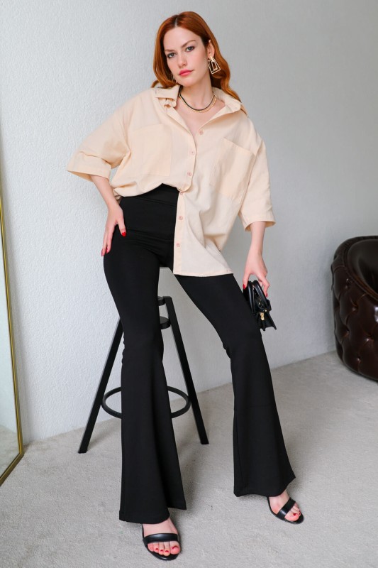 GML-10225 Krem Cepli Yarım Kol Keten Oversize Gömlek - 3