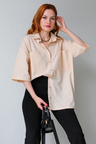 GML-10225 Krem Cepli Yarım Kol Keten Oversize Gömlek - 4