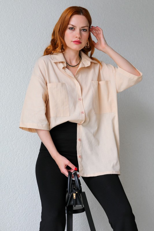 GML-10225 Krem Cepli Yarım Kol Keten Oversize Gömlek - 4