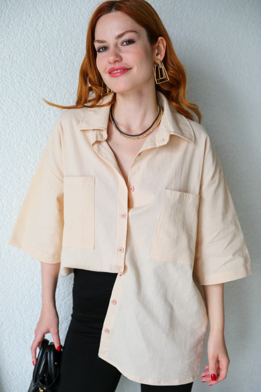 GML-10225 Krem Cepli Yarım Kol Keten Oversize Gömlek - 5