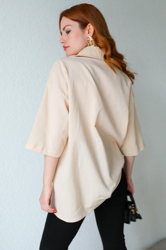 GML-10225 Krem Cepli Yarım Kol Keten Oversize Gömlek - 6