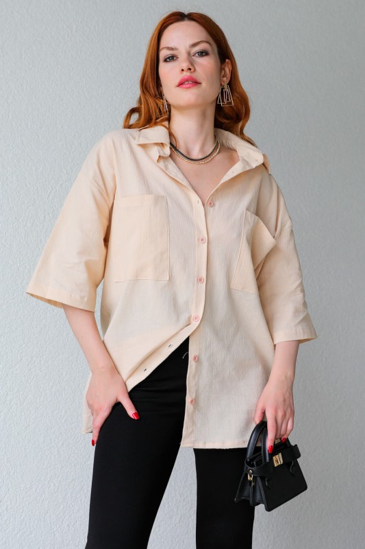 GML-10225 Krem Cepli Yarım Kol Keten Oversize Gömlek - 7