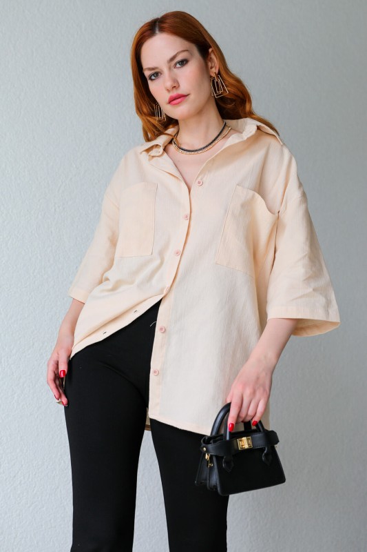 GML-10225 Krem Cepli Yarım Kol Keten Oversize Gömlek - 2