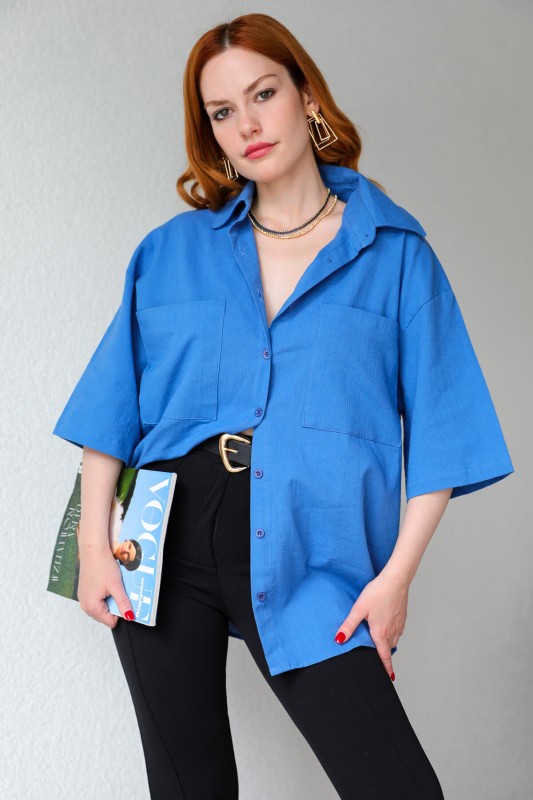 GML-10225 Mavi Cepli Yarım Kol Keten Oversize Gömlek - 3