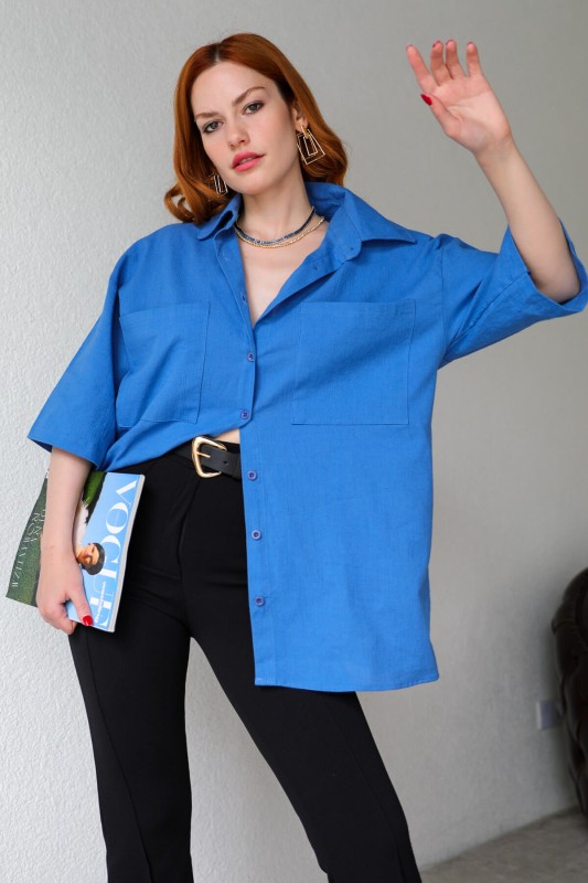 GML-10225 Mavi Cepli Yarım Kol Keten Oversize Gömlek - 1