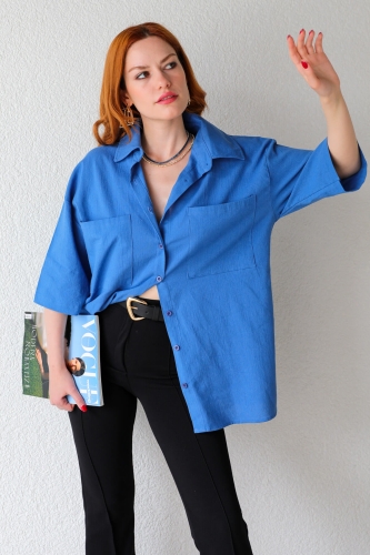 GML-10225 Mavi Cepli Yarım Kol Keten Oversize Gömlek - 4