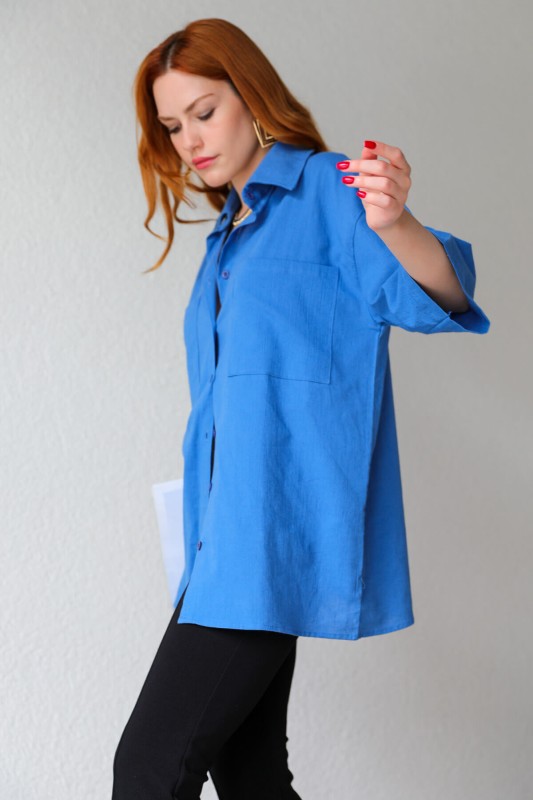 GML-10225 Mavi Cepli Yarım Kol Keten Oversize Gömlek - 6