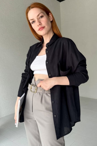 GML-10228 Siyah İki Cepli Keten Gömlek 