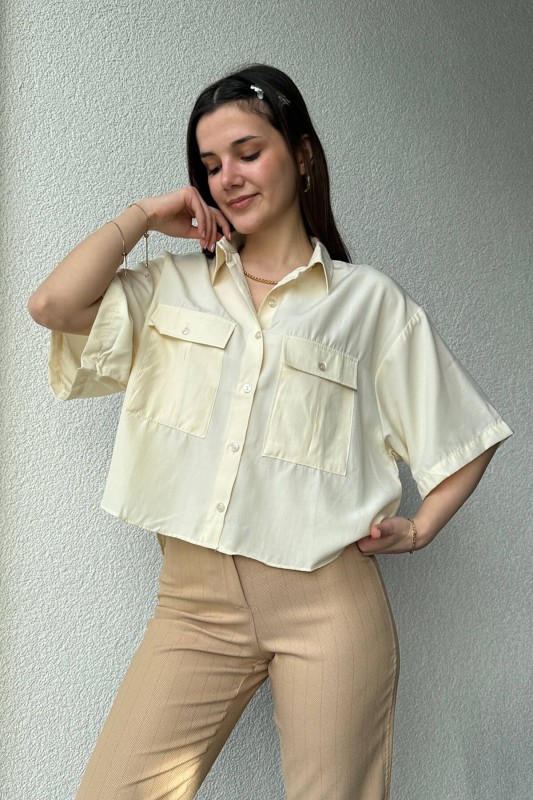 GML-10234 Krem İki Kapak Cepli Crop Gömlek - 3