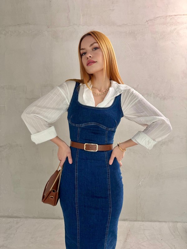 GML-10241 Beyaz Cep Detay Çizgili Salaş Gömlek