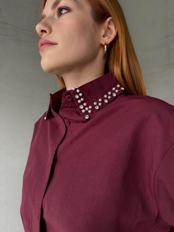 GML-10246 Bordo Yaka Taşlı ve İncili Salaş Gömlek