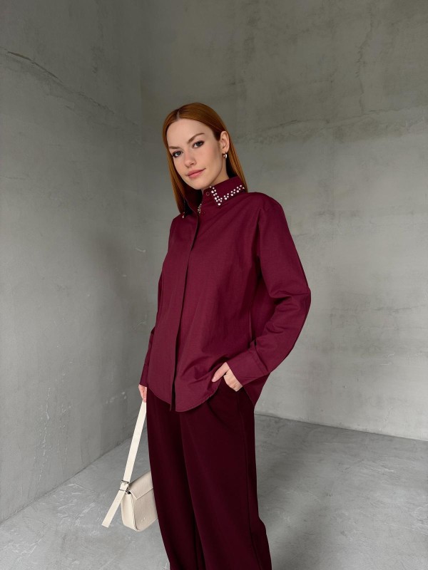 GML-10246 Bordo Yaka Taşlı ve İncili Salaş Gömlek