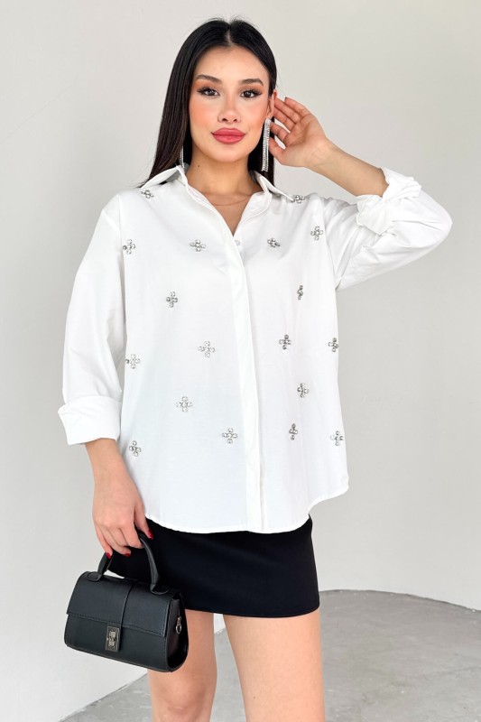 GML-10247 Beyaz Full Taşlı Salaş Uzun Gömlek - 1