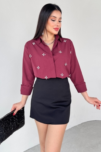 GML-10247 Bordo Full Taşlı Salaş Uzun Gömlek - 3