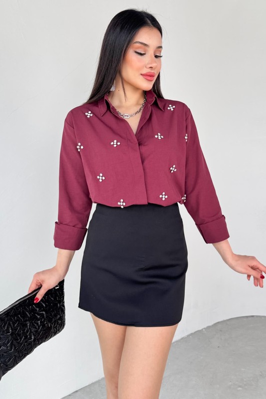 GML-10247 Bordo Full Taşlı Salaş Uzun Gömlek - 3