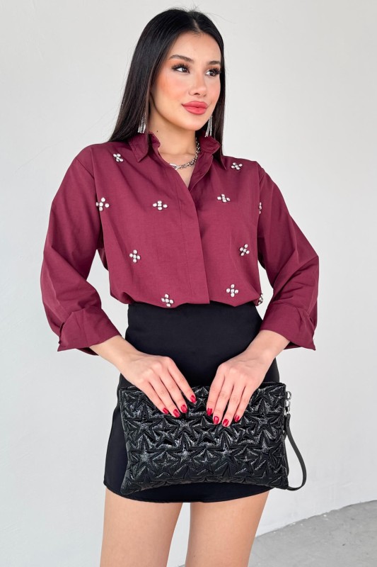 GML-10247 Bordo Full Taşlı Salaş Uzun Gömlek - 4