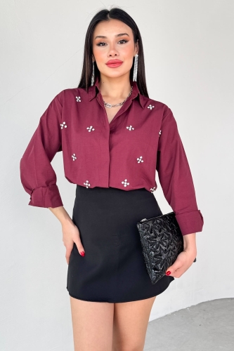 GML-10247 Bordo Full Taşlı Salaş Uzun Gömlek 