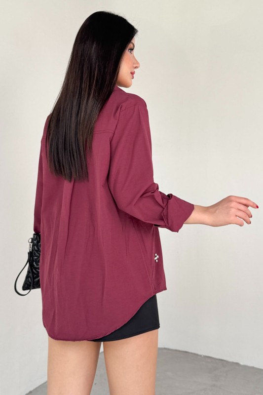 GML-10247 Bordo Full Taşlı Salaş Uzun Gömlek - 5