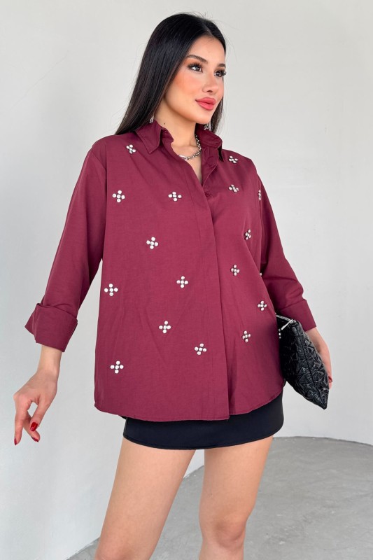 GML-10247 Bordo Full Taşlı Salaş Uzun Gömlek - 2