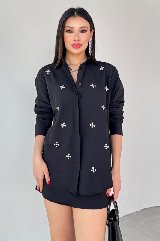 GML-10247 Siyah Full Taşlı Salaş Uzun Gömlek - 2