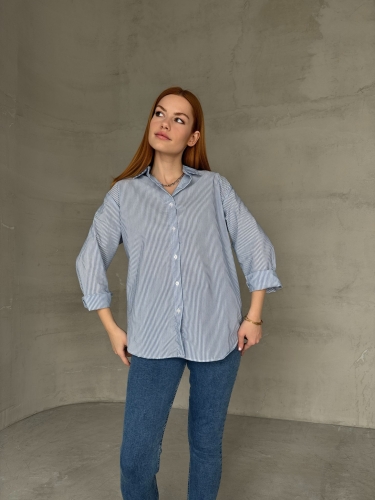 Cappmoda - GML-10249 Mavi Çizgili Poplin Kumaş Salaş Gömlek (1)