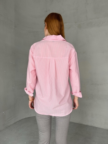 GML-10249 Pembe Çizgili Poplin Kumaş Salaş Gömlek - Thumbnail