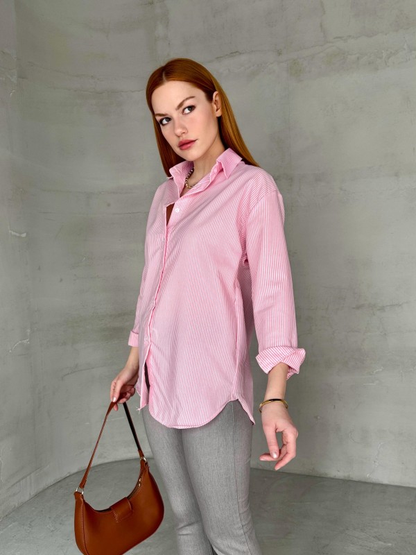 GML-10249 Pembe Çizgili Poplin Kumaş Salaş Gömlek