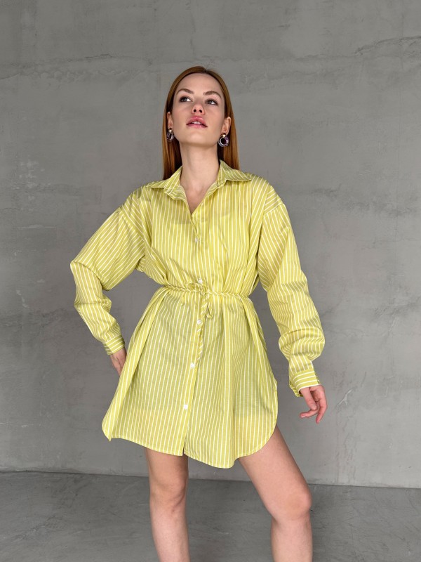 GML-10253 Yeşil Beyaz Çizgili Bel Bağlamalı Gömlek Elbise