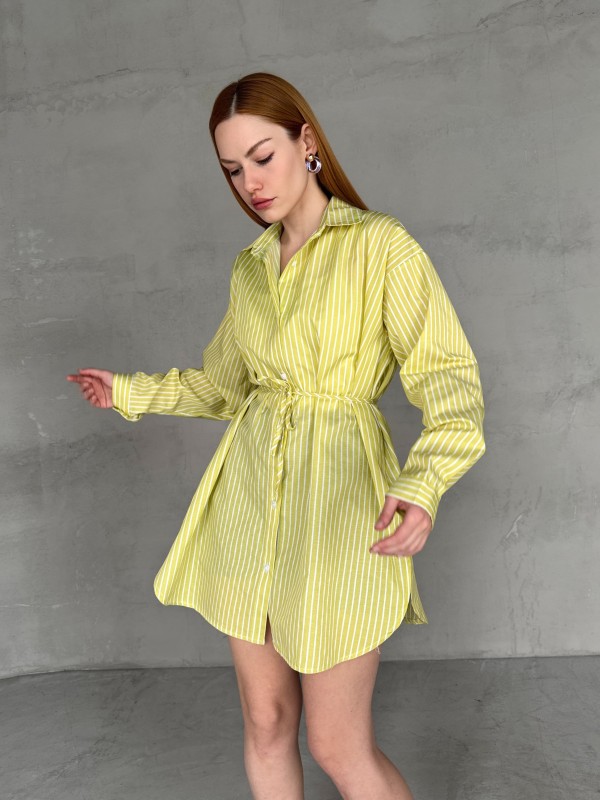 GML-10253 Yeşil Beyaz Çizgili Bel Bağlamalı Gömlek Elbise