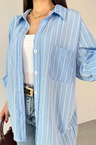 GML-10254 Bebe Mavi Beyaz Çizgili Salaş Gömlek - 2