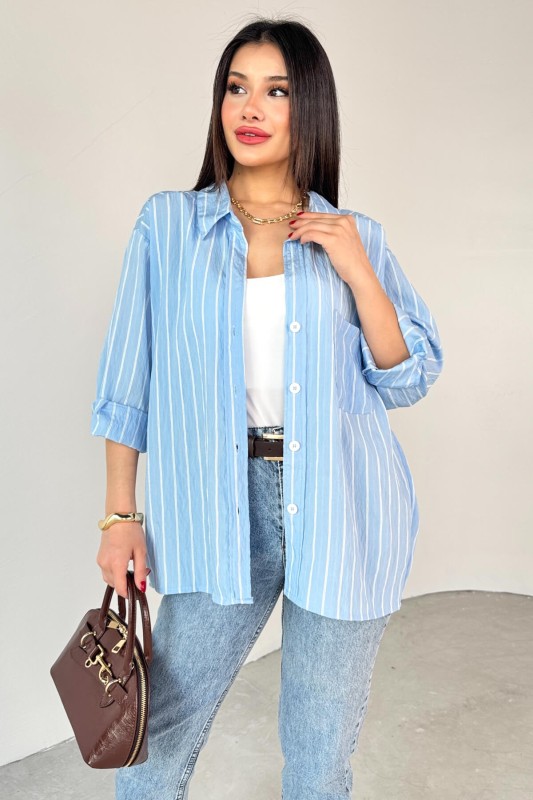 GML-10254 Bebe Mavi Beyaz Çizgili Salaş Gömlek - 1