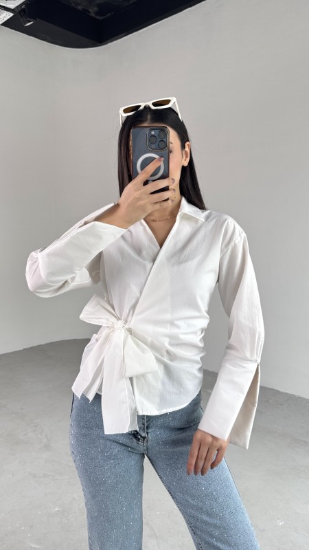 GML-10256 Beyaz Bel Bağlamalı Poplin Kumaş Tasarım Gömlek