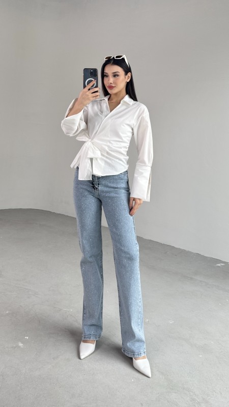 GML-10256 Beyaz Bel Bağlamalı Poplin Kumaş Tasarım Gömlek