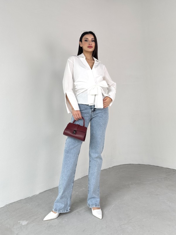 GML-10256 Beyaz Bel Bağlamalı Poplin Kumaş Tasarım Gömlek