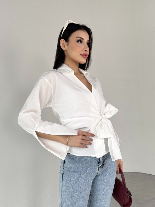 GML-10256 Beyaz Bel Bağlamalı Poplin Kumaş Tasarım Gömlek