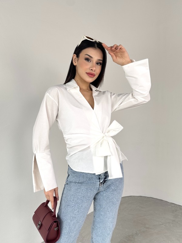 GML-10256 Beyaz Bel Bağlamalı Poplin Kumaş Tasarım Gömlek