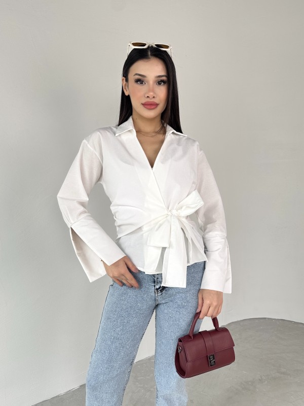 GML-10256 Beyaz Bel Bağlamalı Poplin Kumaş Tasarım Gömlek