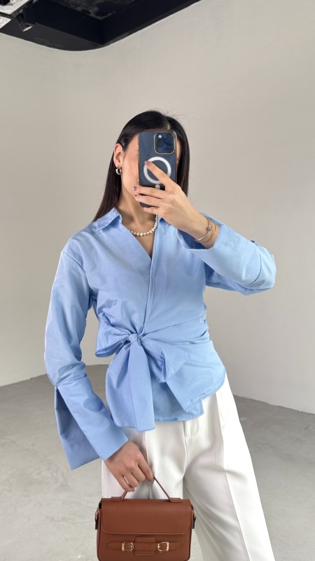 GML-10256 Mavi Bel Bağlamalı Poplin Kumaş Tasarım Gömlek