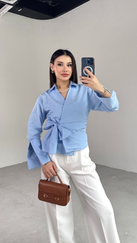 GML-10256 Mavi Bel Bağlamalı Poplin Kumaş Tasarım Gömlek - Thumbnail