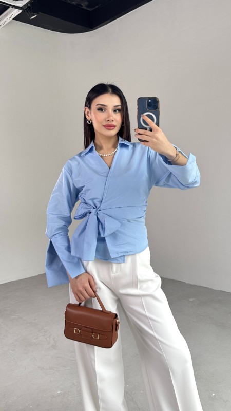 GML-10256 Mavi Bel Bağlamalı Poplin Kumaş Tasarım Gömlek