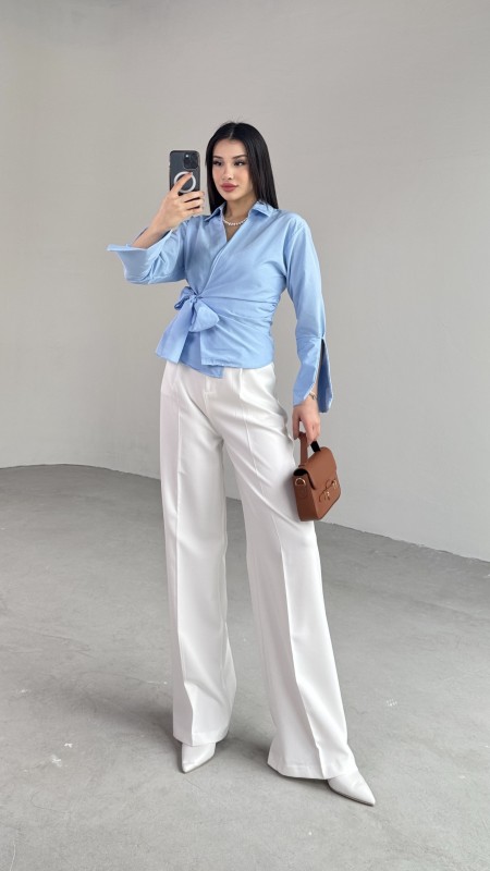 GML-10256 Mavi Bel Bağlamalı Poplin Kumaş Tasarım Gömlek