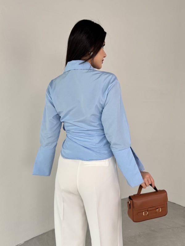 GML-10256 Mavi Bel Bağlamalı Poplin Kumaş Tasarım Gömlek