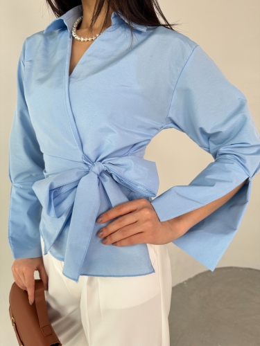 Cappmoda - GML-10256 Mavi Bel Bağlamalı Poplin Kumaş Tasarım Gömlek (1)